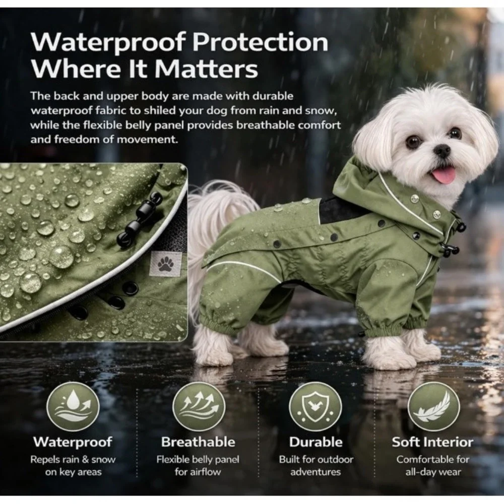 Waterproof Dog Raincoat Jacket XXL Sage Green Reflective Detachable Hood